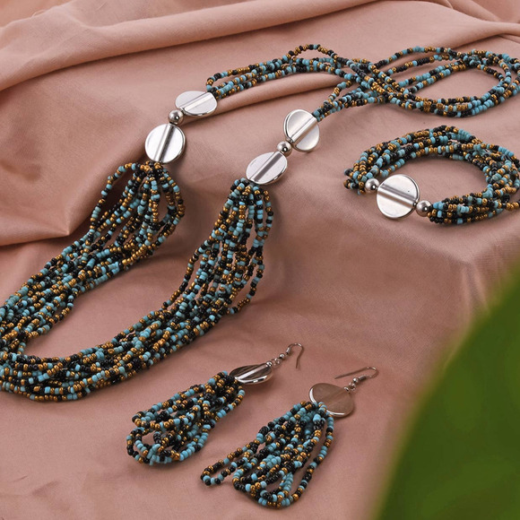 Blue Seed Bead Necklace Bracelet & Earrings Bead Necklace Earring Multi Strand - Picture 5 of 6